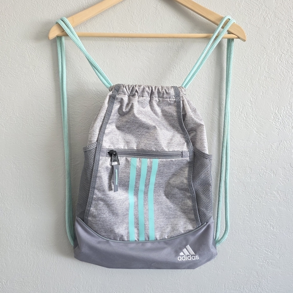 Adidas Unisex Alliance II Drawstring Backpack Gray Teal Bag w/ Lined Pockets